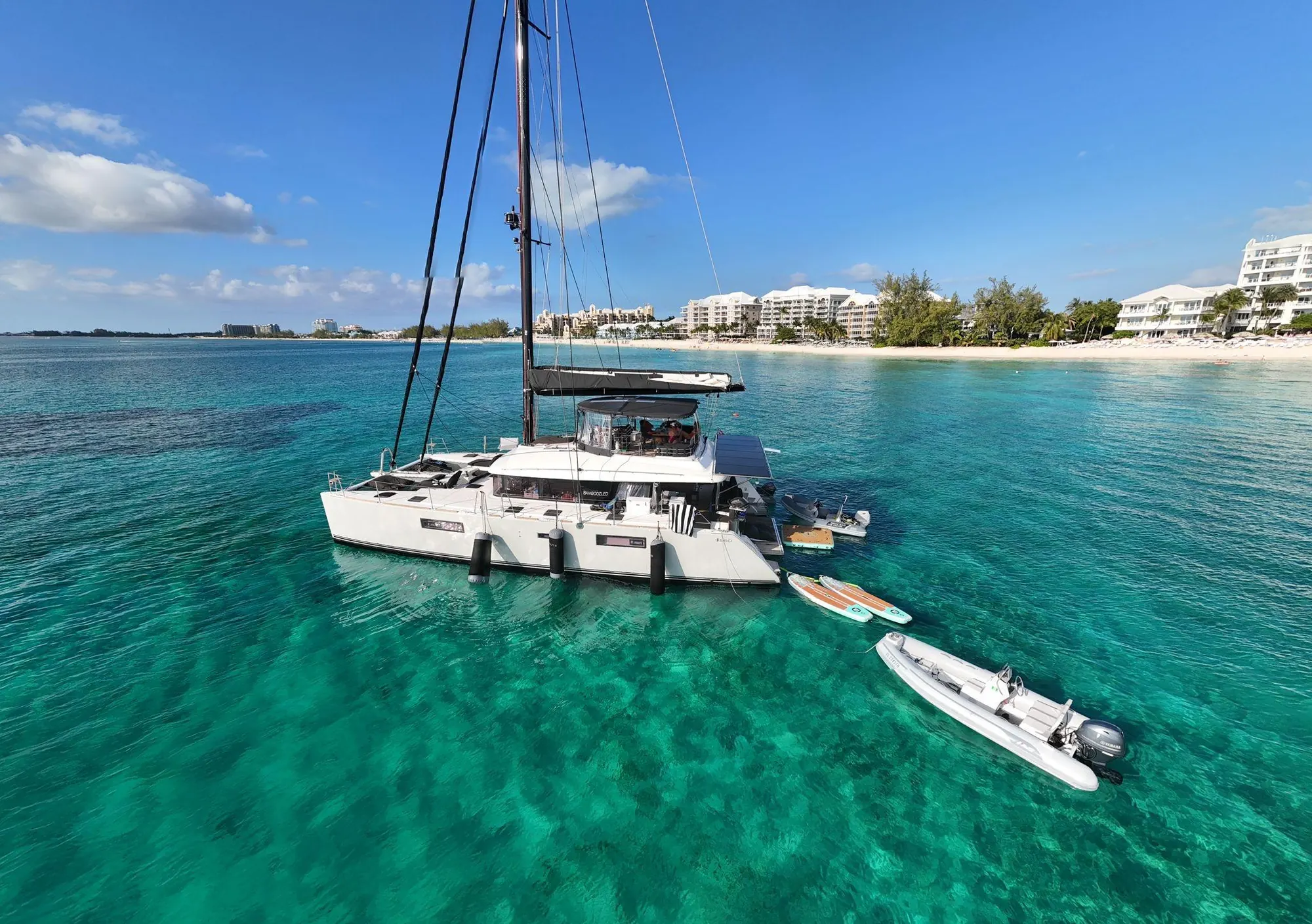 Bamboozled with her tender off Seven Mile Beach, Grand Cayman