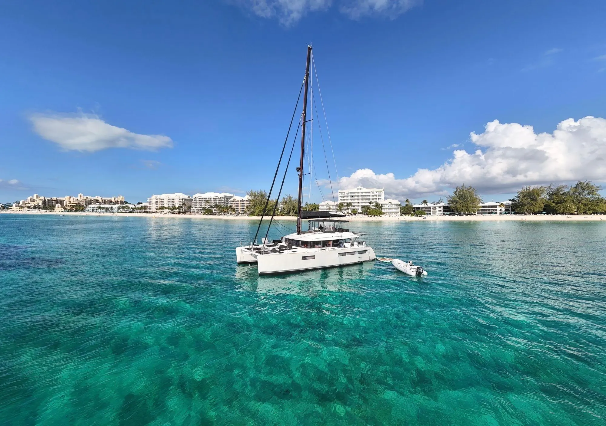 Bamboozled, a 56-foot Lagoon sailing catamaran anchored off Seven Mile Beach